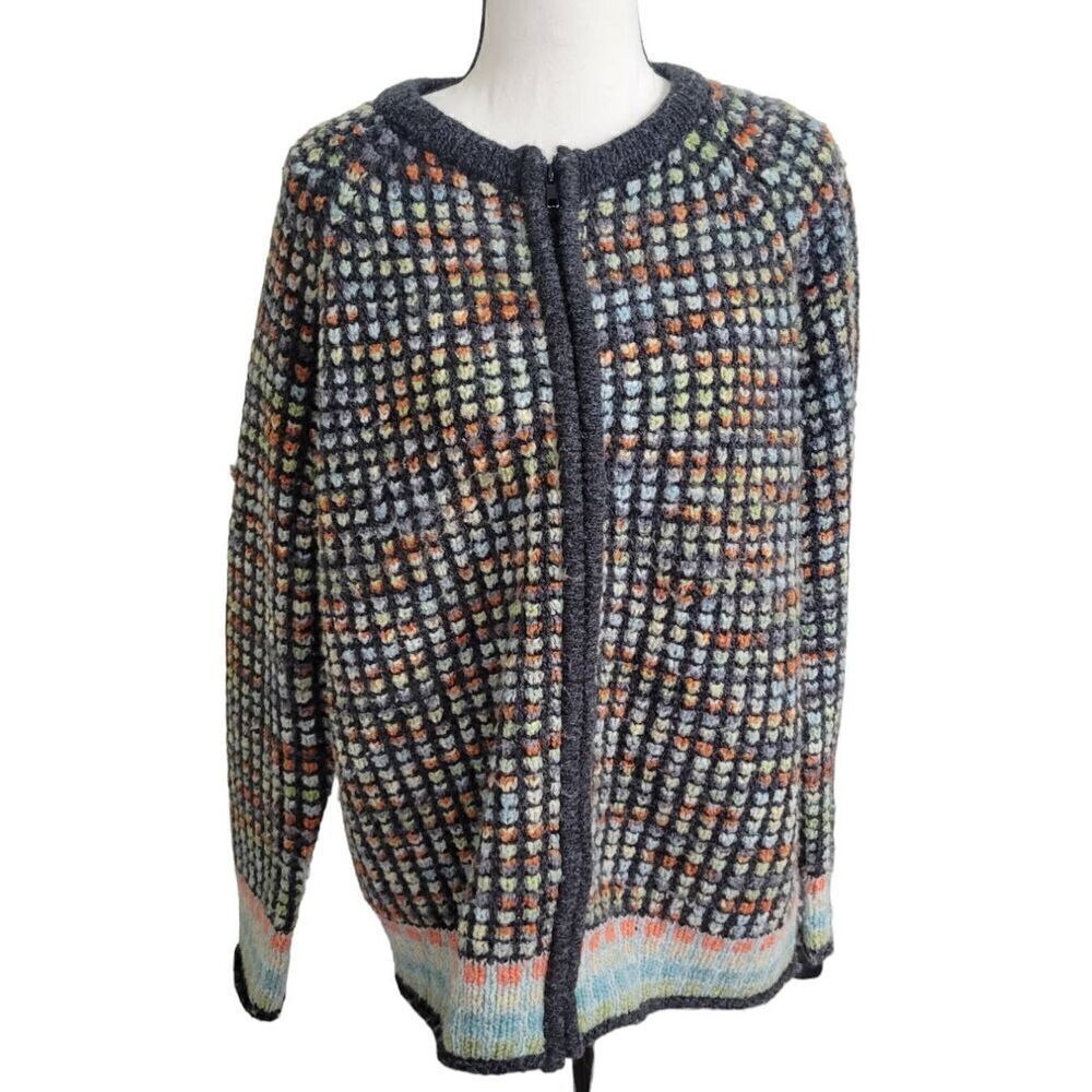 Handmade Multi-Color Raised Acrylic Zipped Cardigan Sweater Size XL